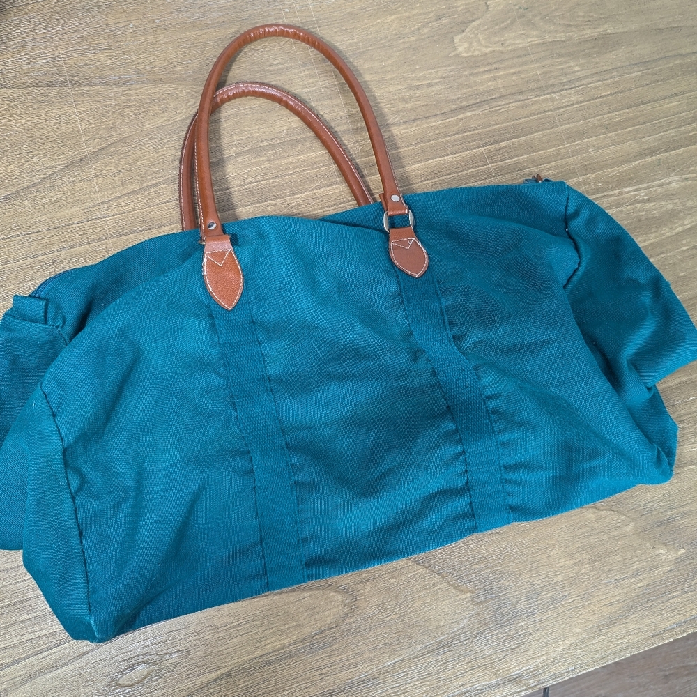 Vintage Gitano Teal Canvas Duffal Or Weekender Bag with Brown Handles